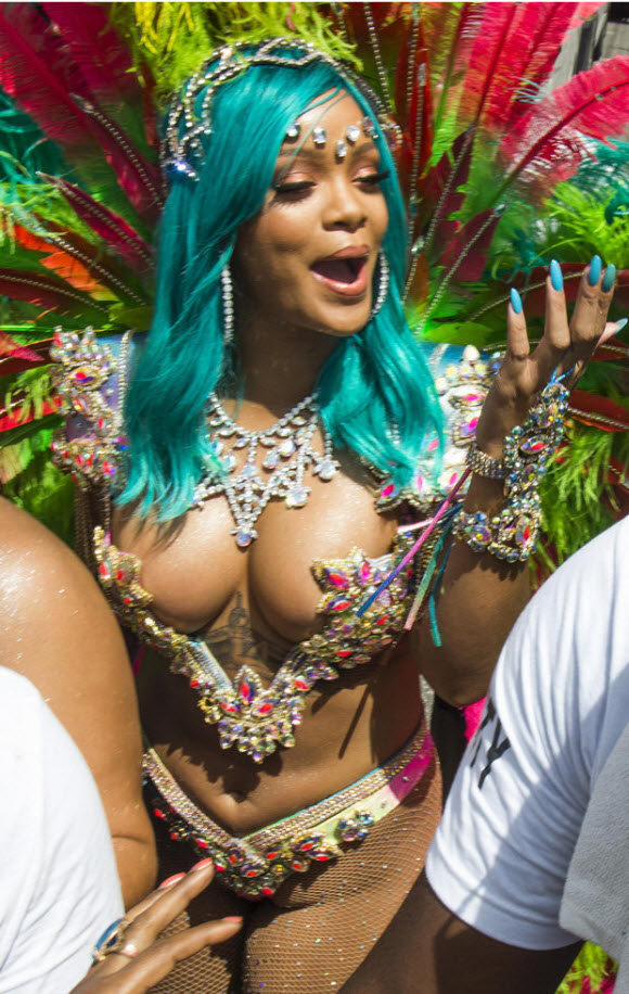 Rihanna Flaunts Her Boobs In Jeweled Bikini During Barbados Festival